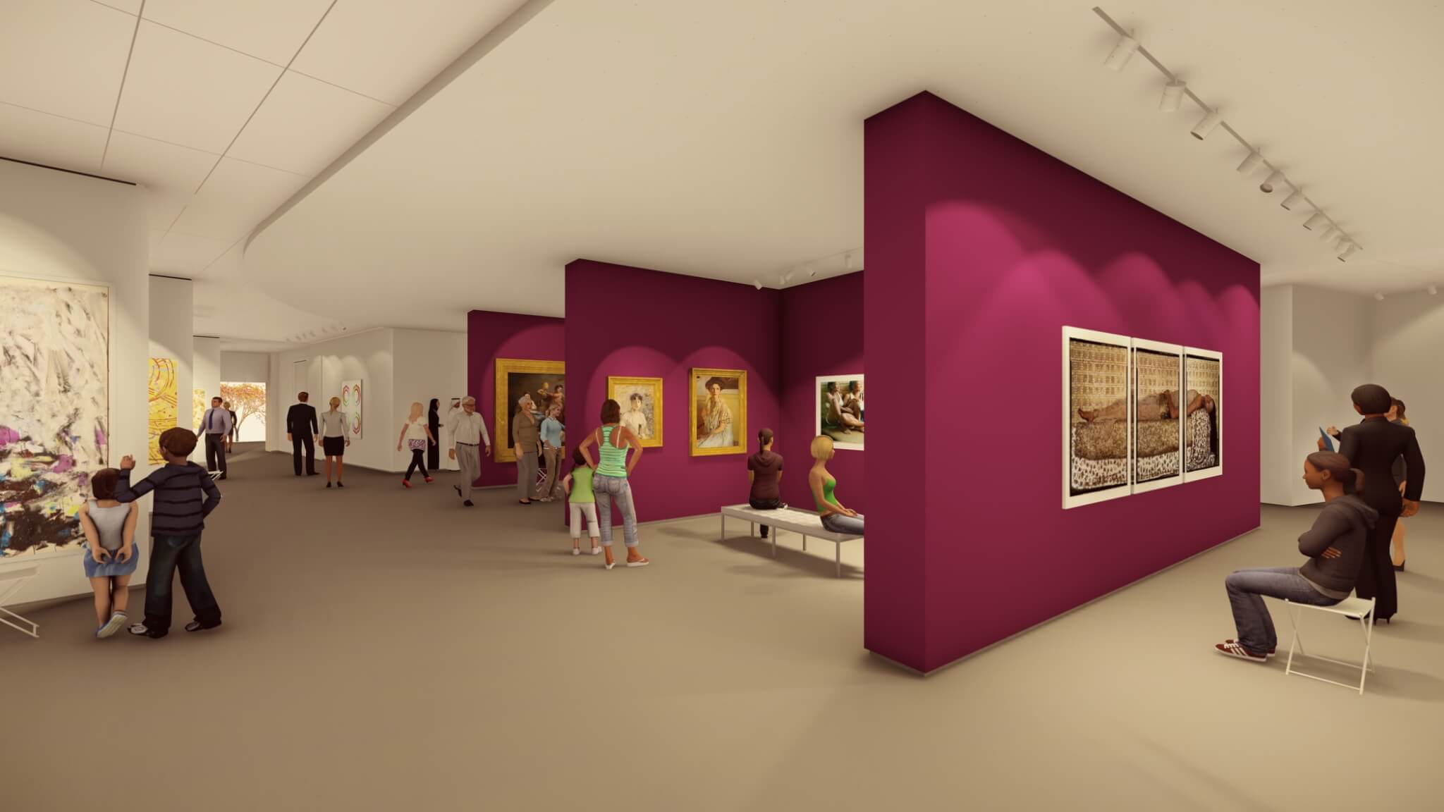 A digital rendering shows a museum gallery space. White walls feature abstract paintings; magenta accent walls feature Impressionist paintings and contemporary photographs. The gallery is filled with guests of varied ages and genders observing the works and walking around.