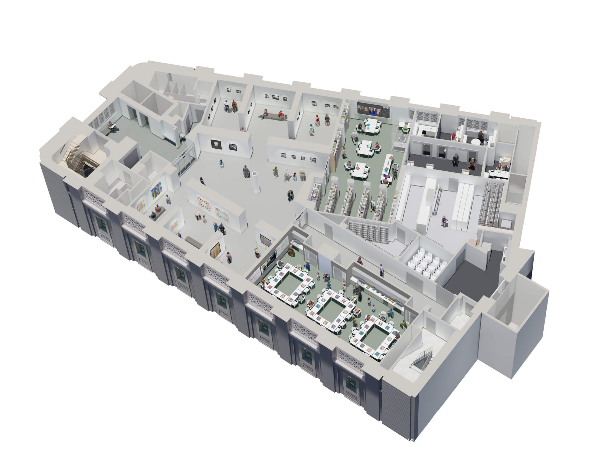 A digital rendering shows an overhead view of a cross-section of a building. Rooms are separated by walls and small, digitally rendered people walk through gallery spaces, sit at tables, or browse library stacks. Mechanical systems, storage areas, and stairwells are also visible, giving a comprehensive look at one floor of the building.