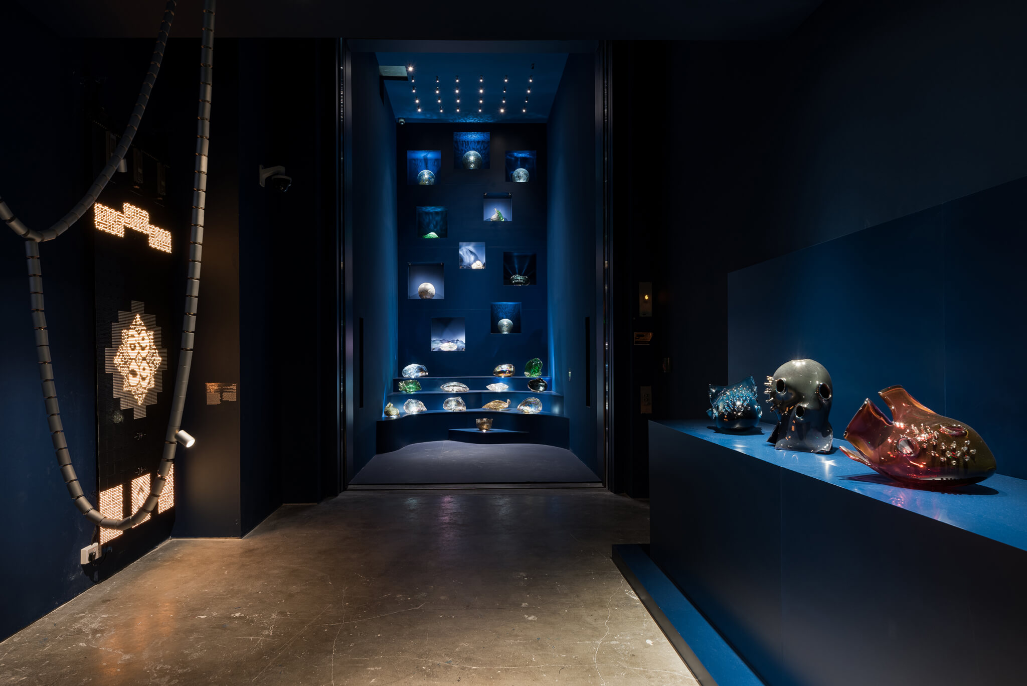 blue walls with objects on display