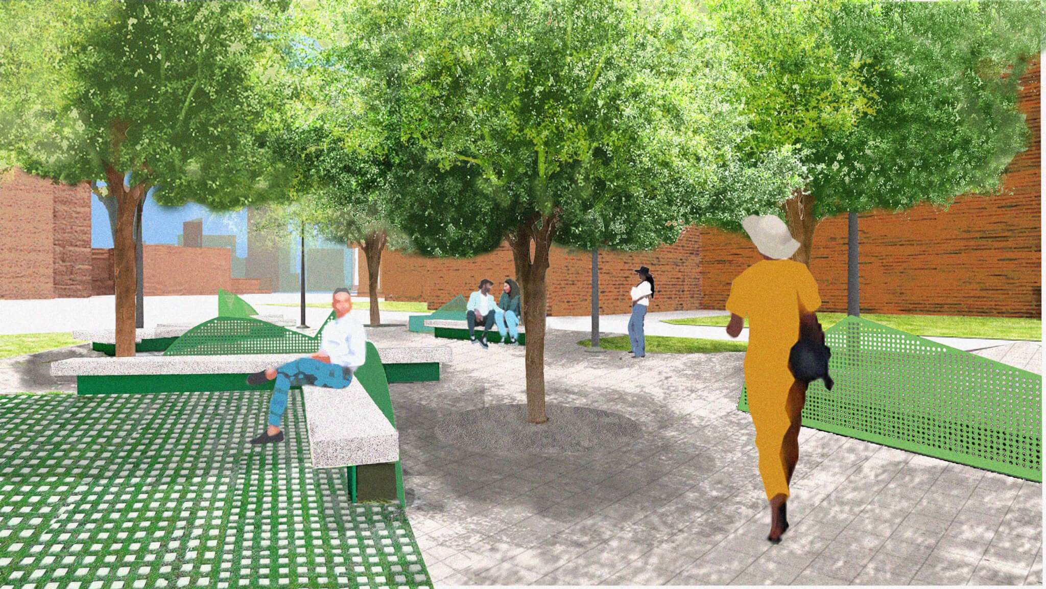 rendering of park space with people and trees