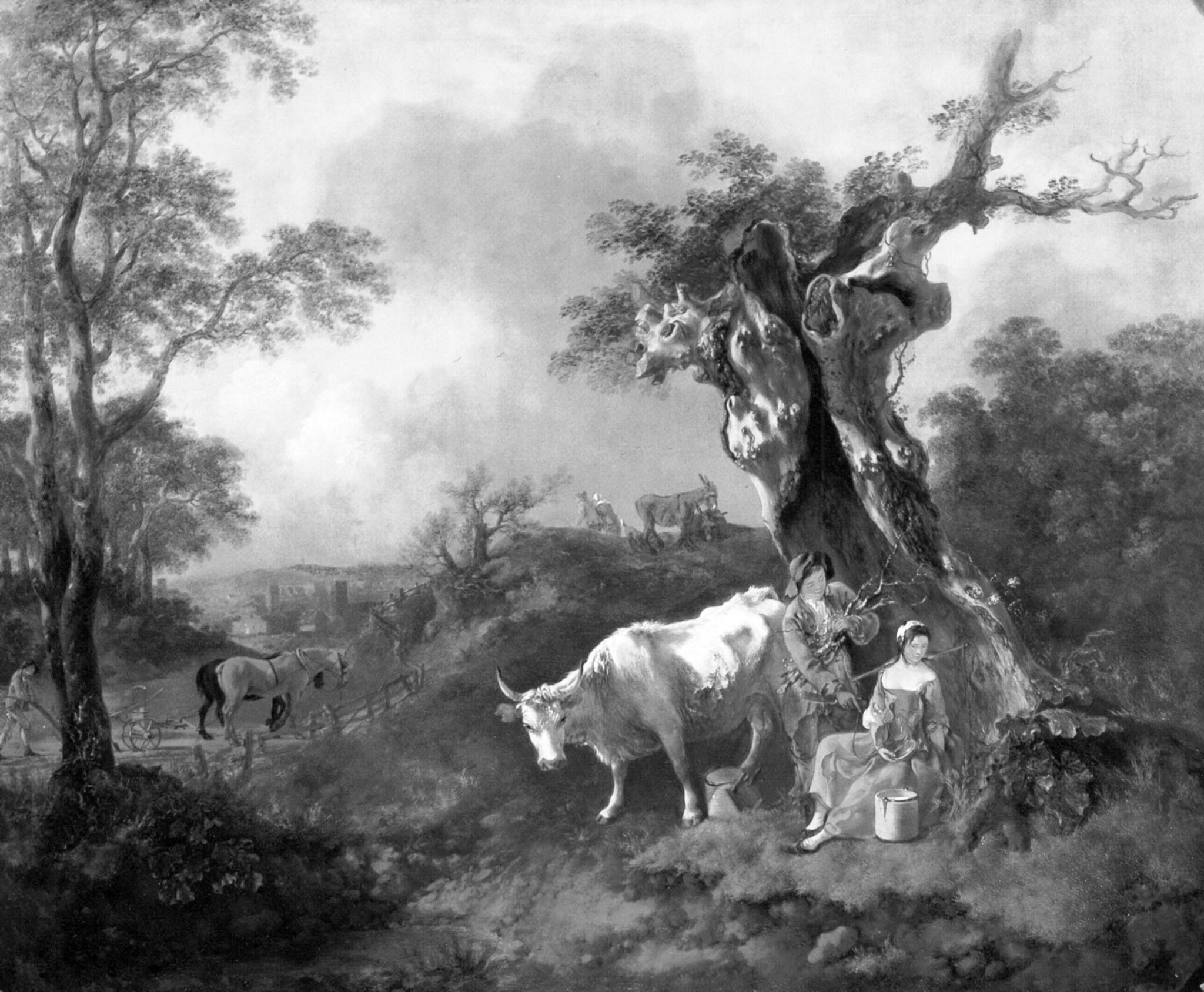 black and white pastoral illustration