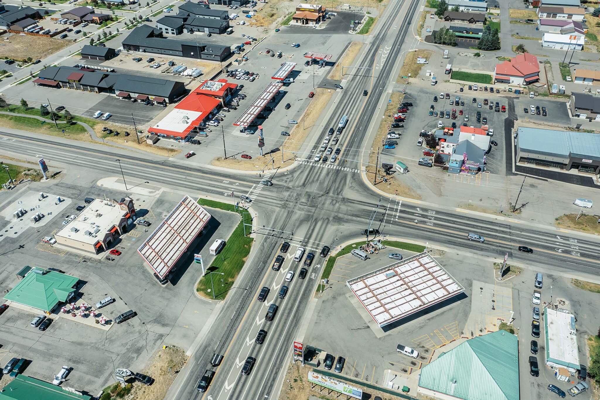 aerial view of streets and parking lots