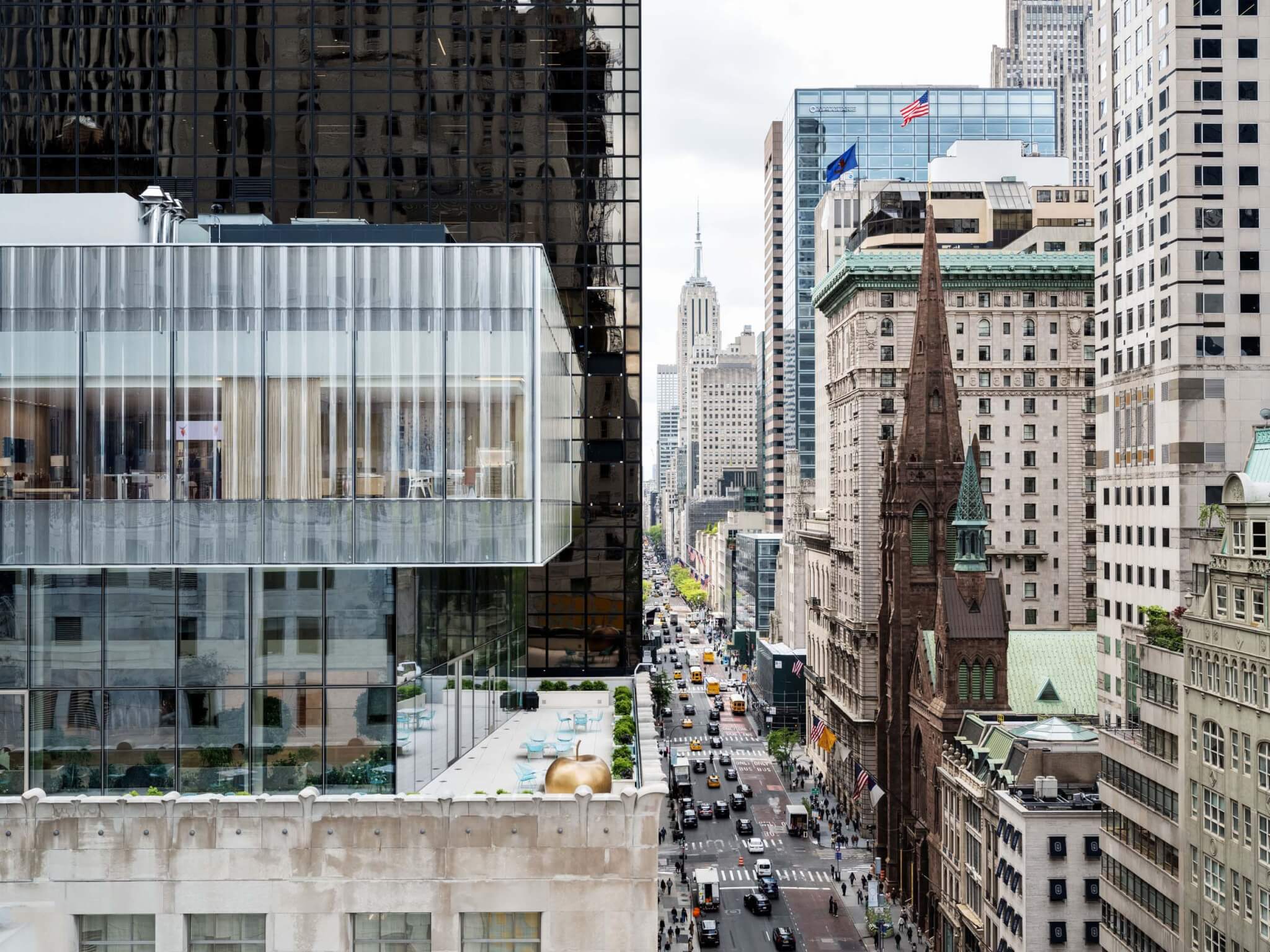view of glass box on top of tiffany flagship on fifth avenue looking toward city