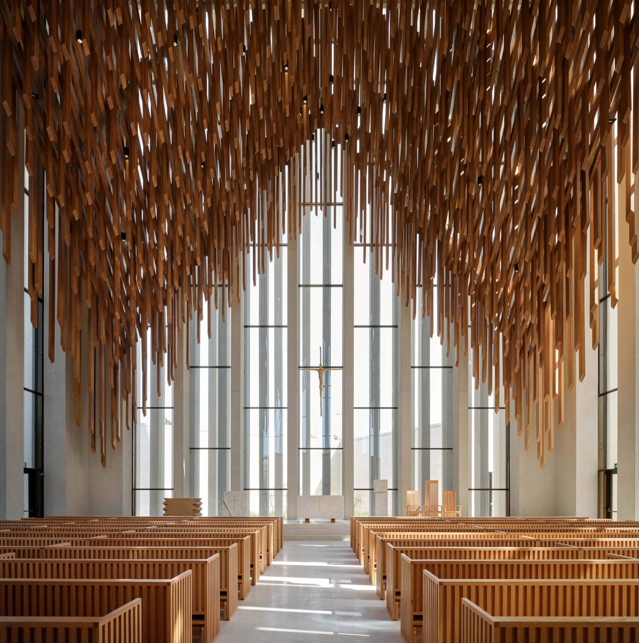 interior view of church with wood ceiling