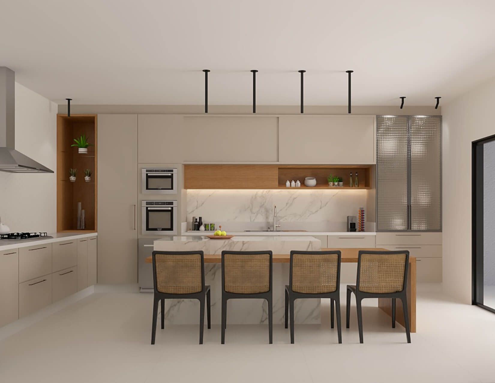 A clean, beige kitchen with overhead lighting