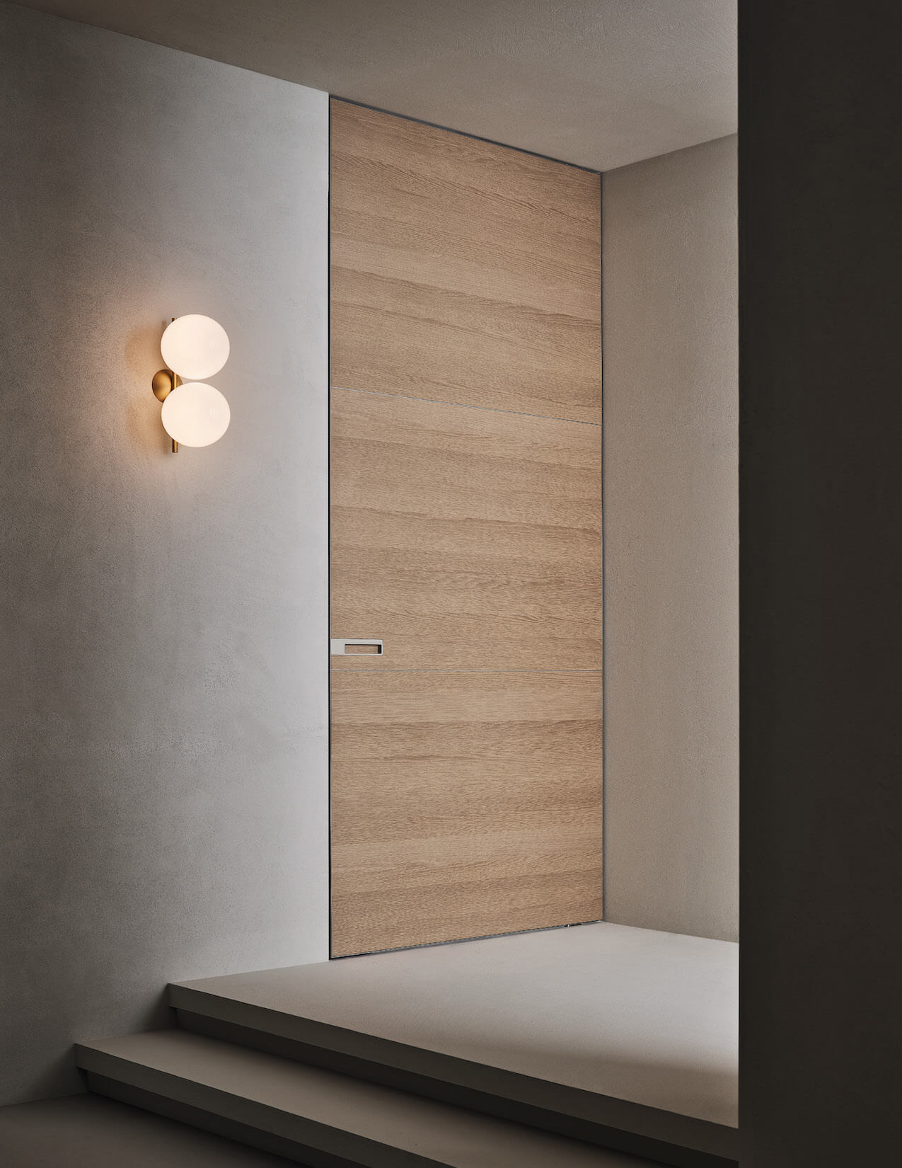 A wooden door fits smoothly into a beige wall
