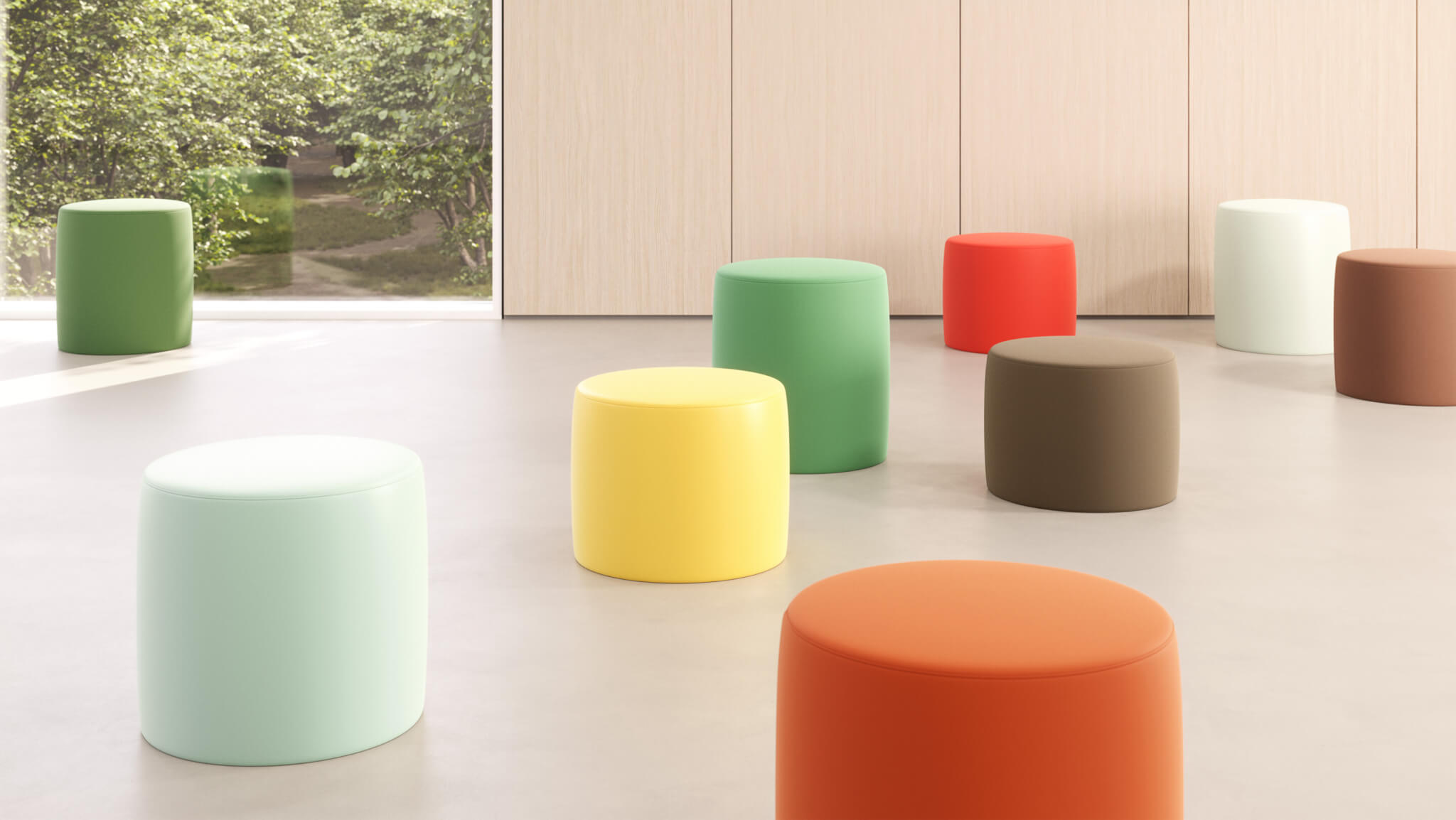 Colorful seats populate the floor of this clean space