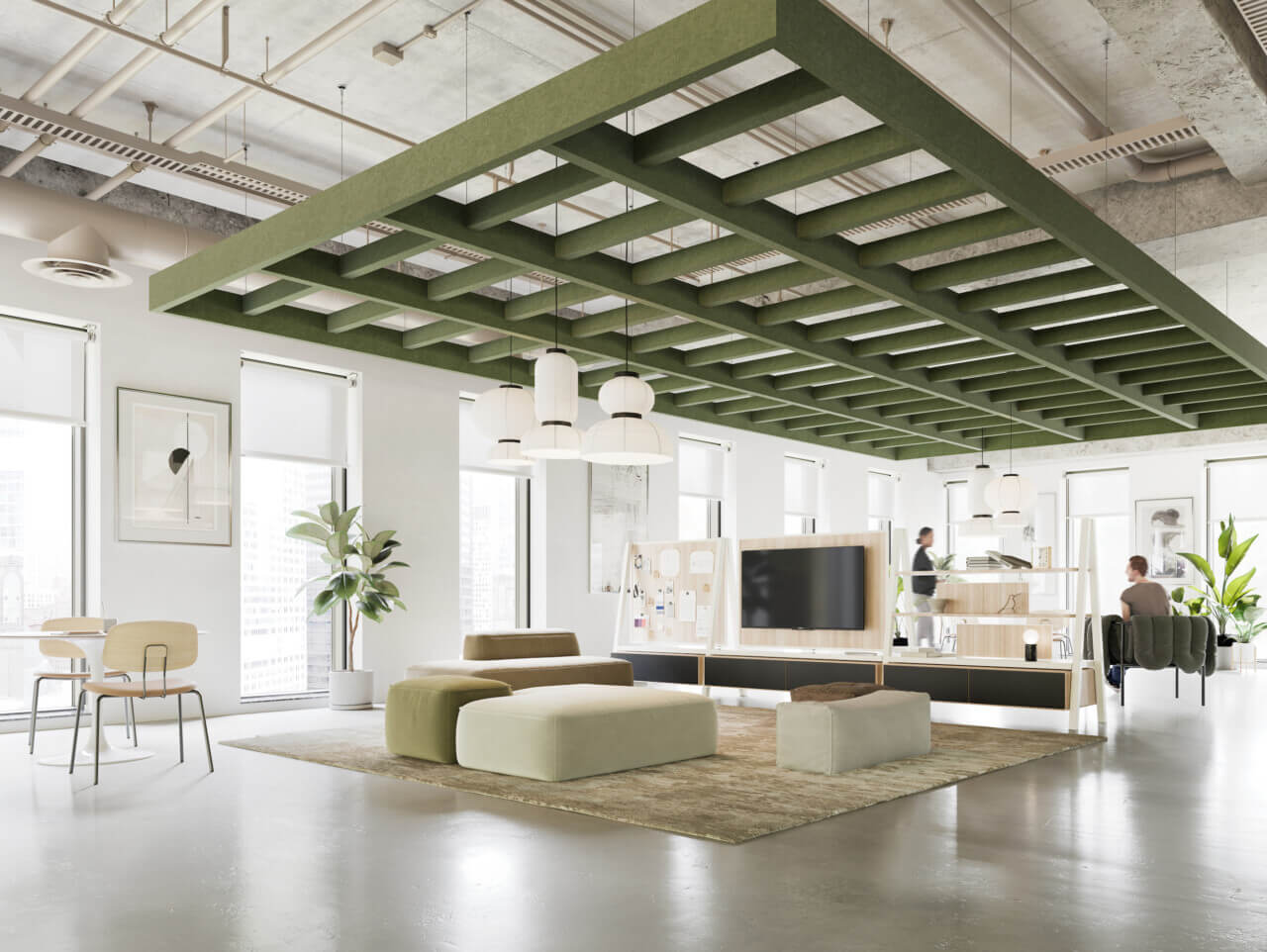 A green and gridded acoustic ceiling system hangs over a seating area