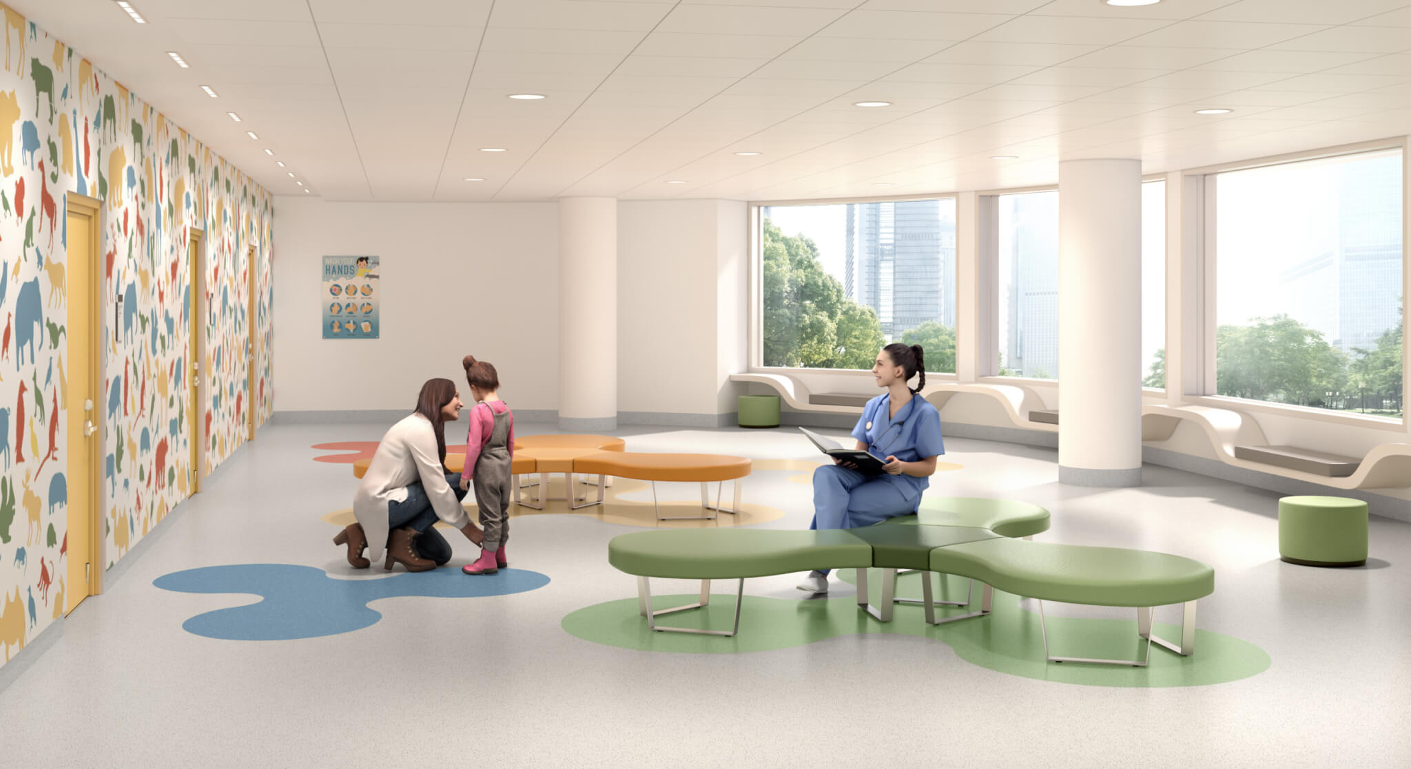 A healthcare facility with bright, abstract colors on the floor