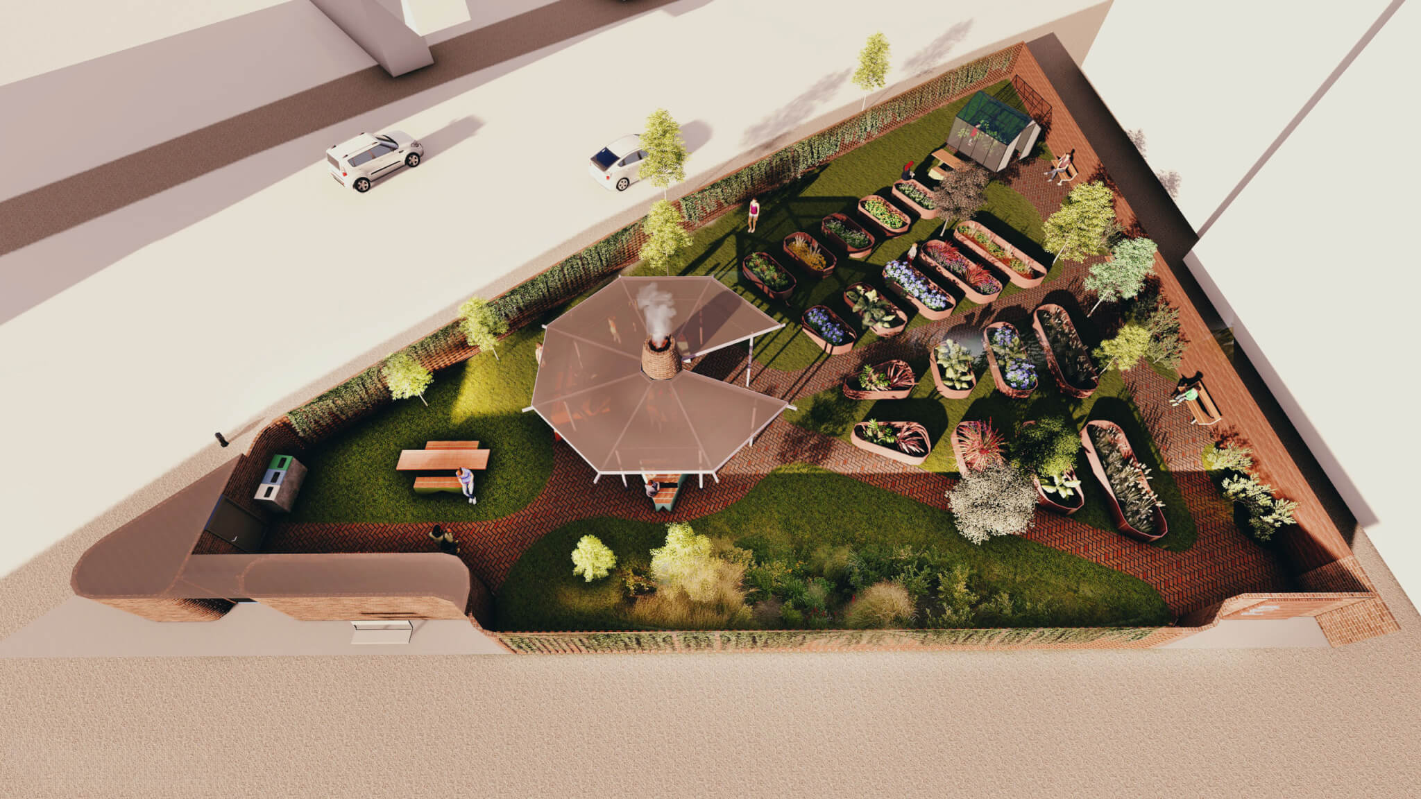 Triangular garden space render from aerial view with garden beds and a greenhouse and a hearth.