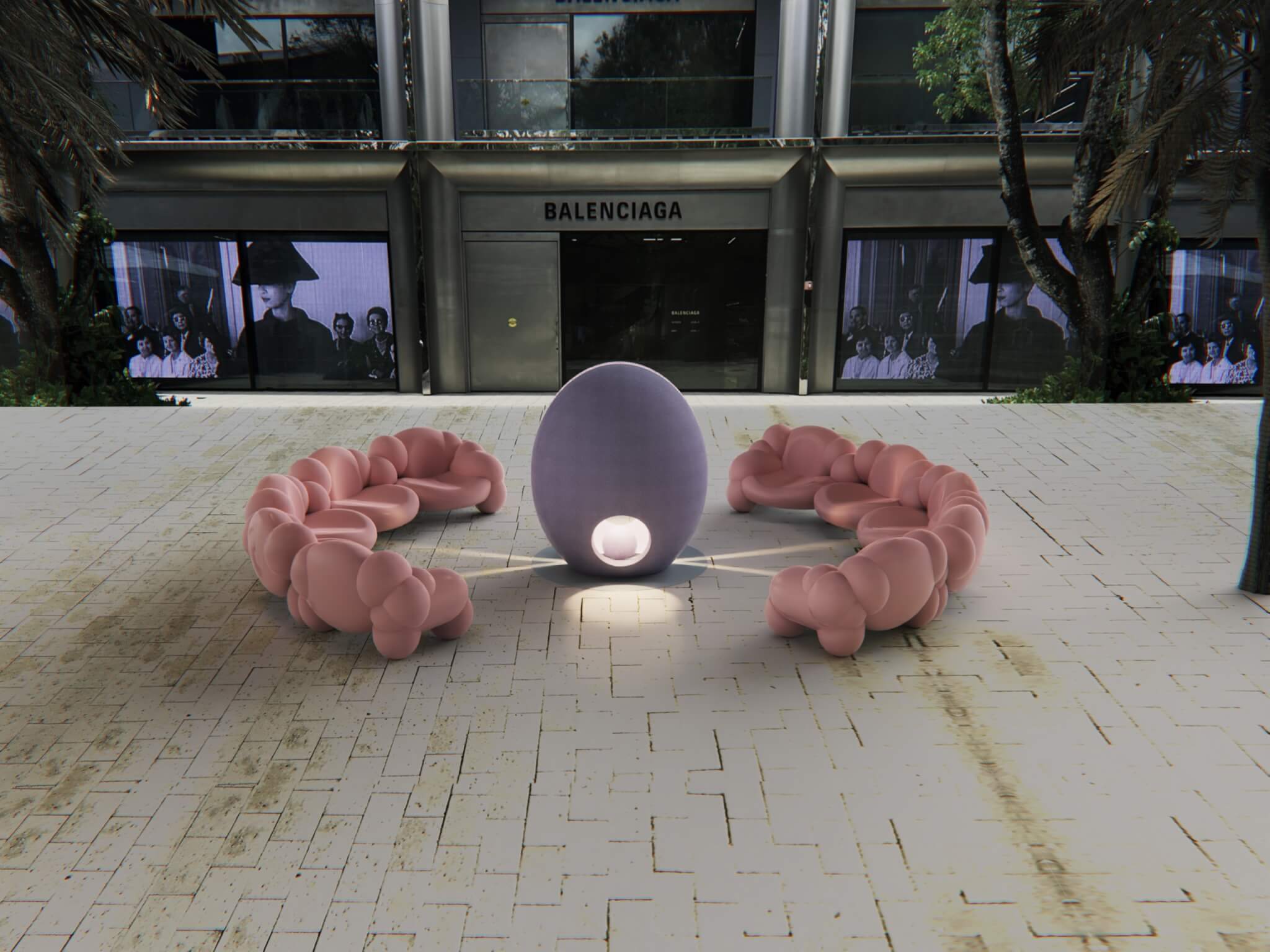 An eg sculpture with a light inside is surrounded by two long circular sofas.