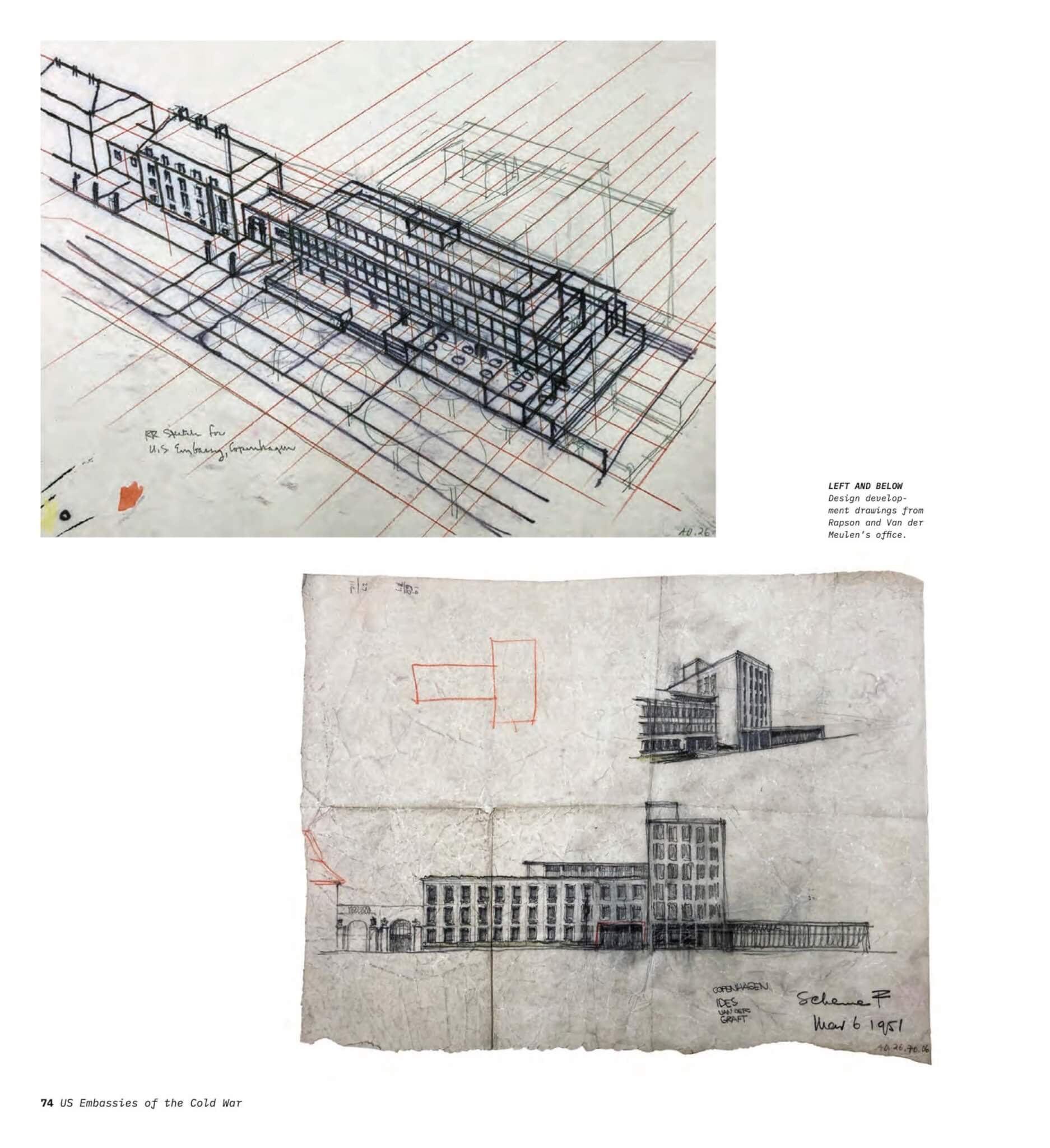 Design development drawings of the US Embassy in Copenhagen from Rapson and Van der Meulens office Courtesy of the Cranbrook Archives c. 1951