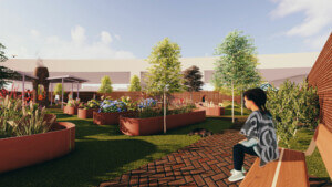 Digital render of a garden with garden beds and a young girl sitting on a bench.