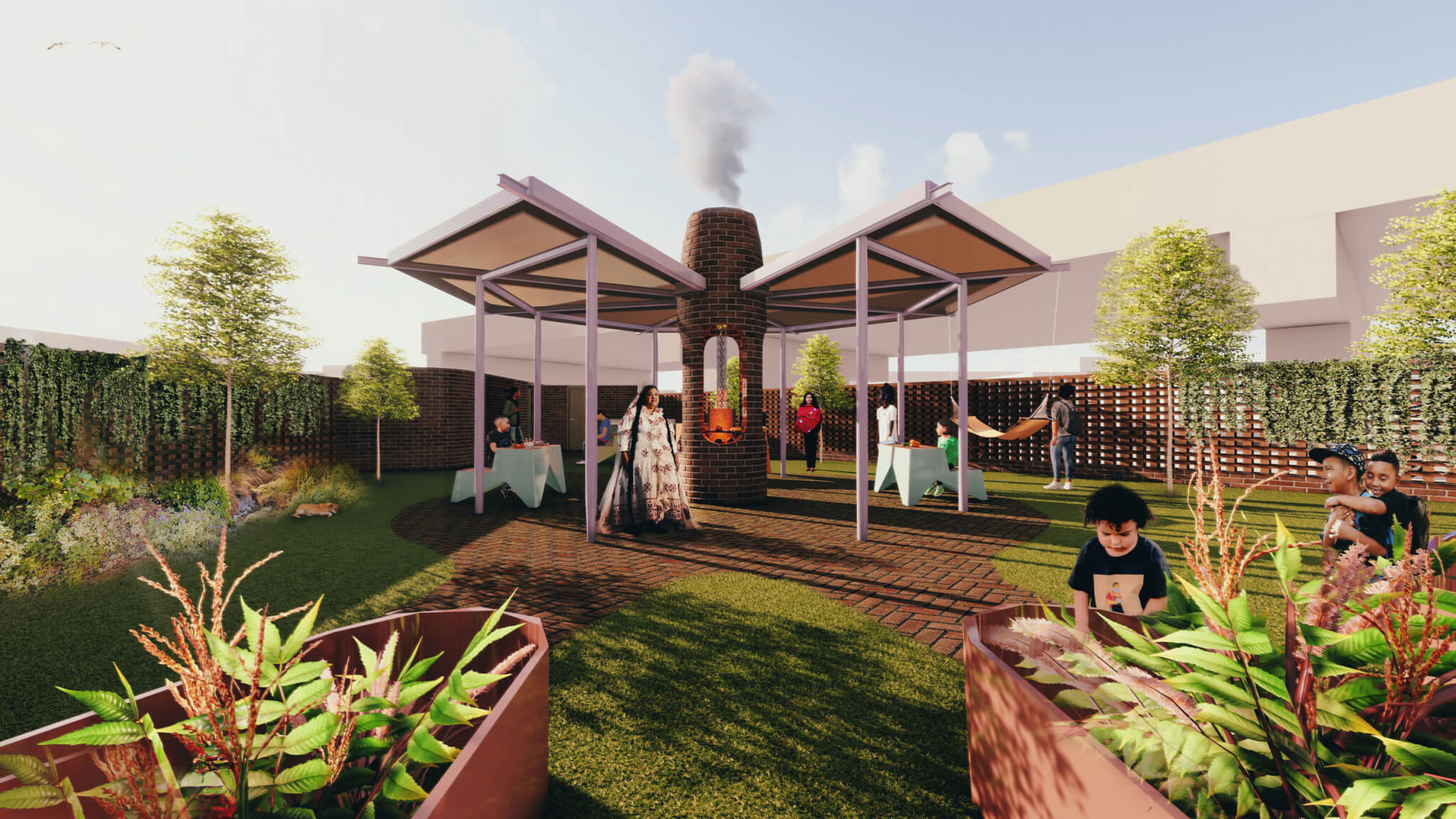 Render of a brick pavillion with a hearth inside and a octagonal roof membrane with a garden as background.