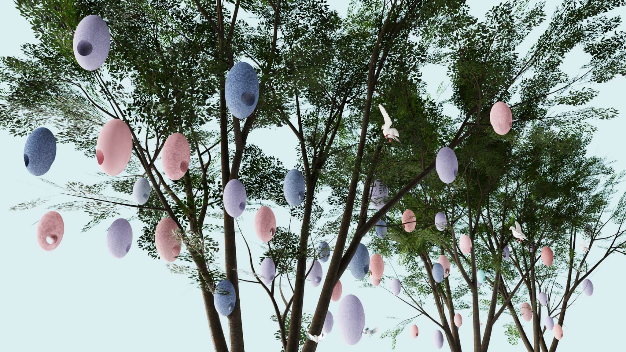 Egg-shaped bridhouses scattered across trees in colorful hues.