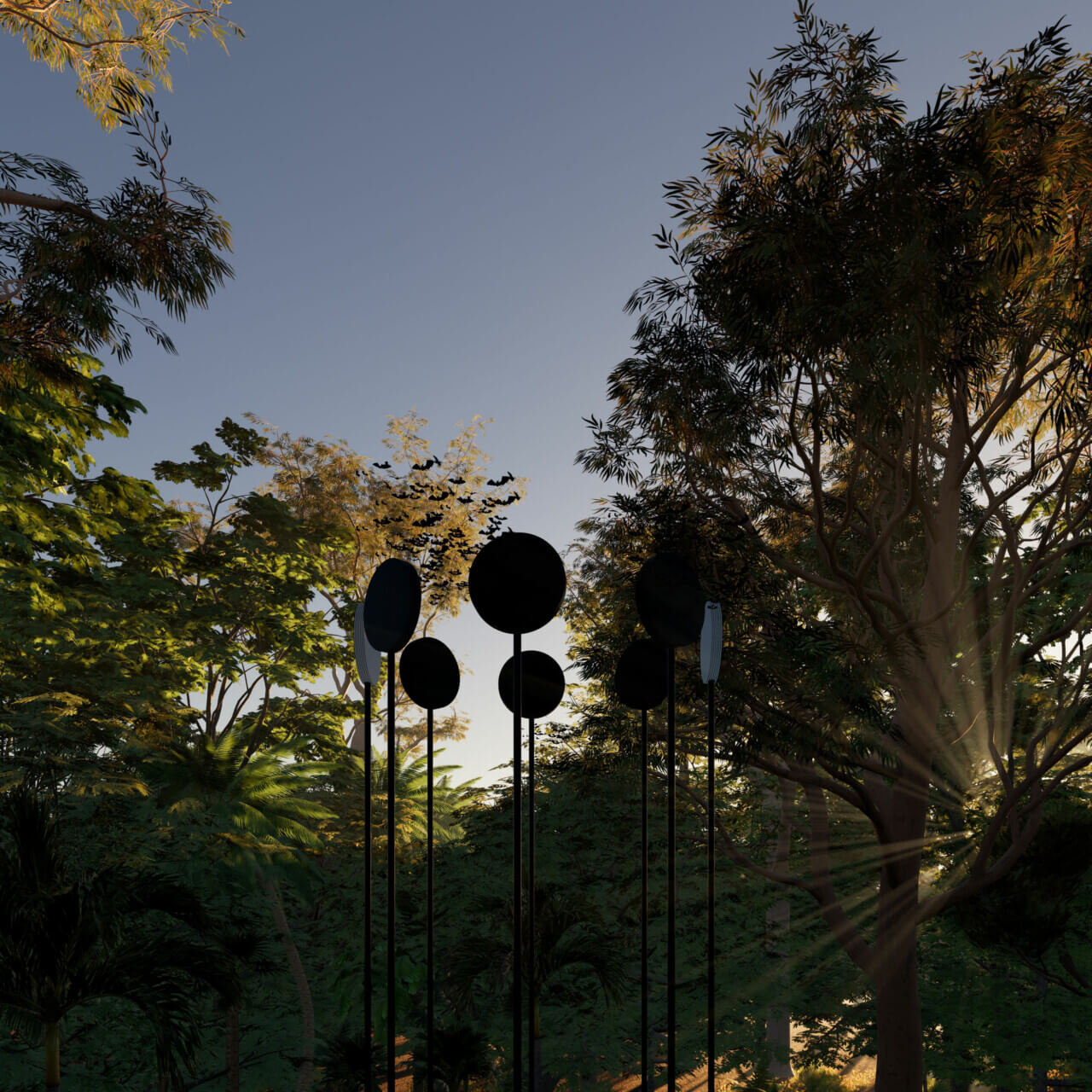 Tall posts with circular object on the top standing in A JUNGLE AT DUSK AS BATS FLY NEAR THE STRUCTURES.