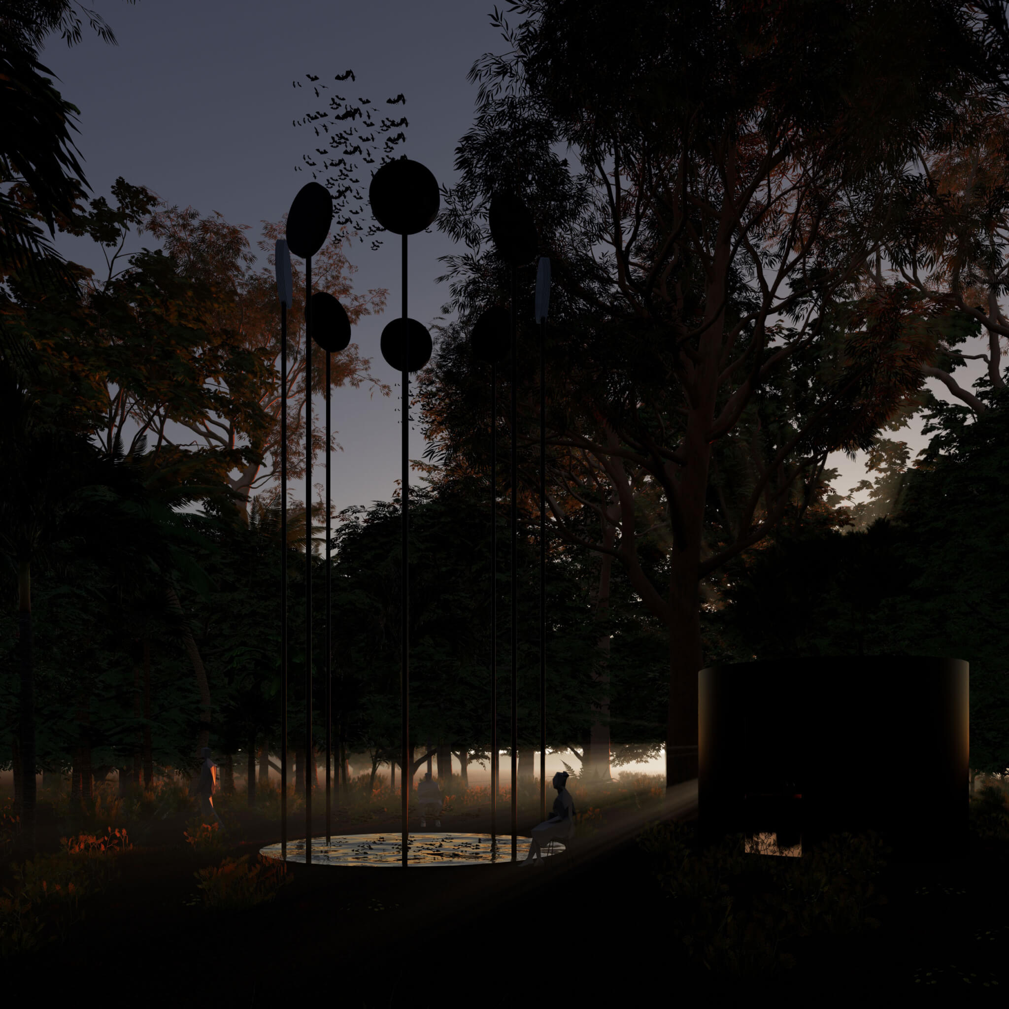 Tall posts with circular object on the top standing in a jungle at night As bats fly near the structure.