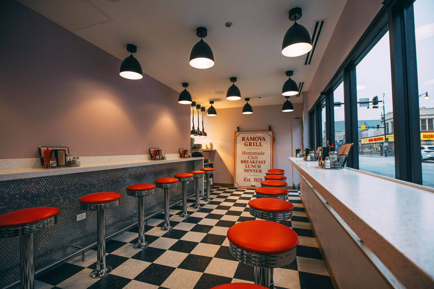 Image of a modern diner, with retro style seating.