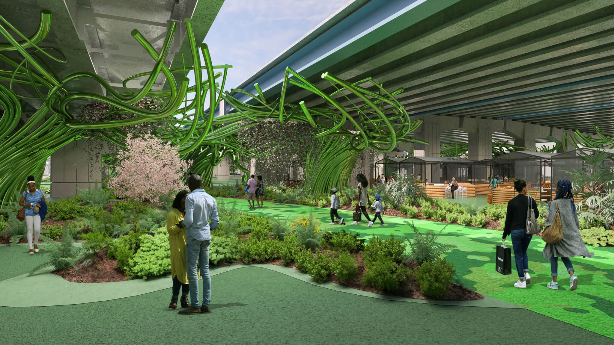 Rendering of a tree-like sculpture in a highway underpass with greenery surrounding it.