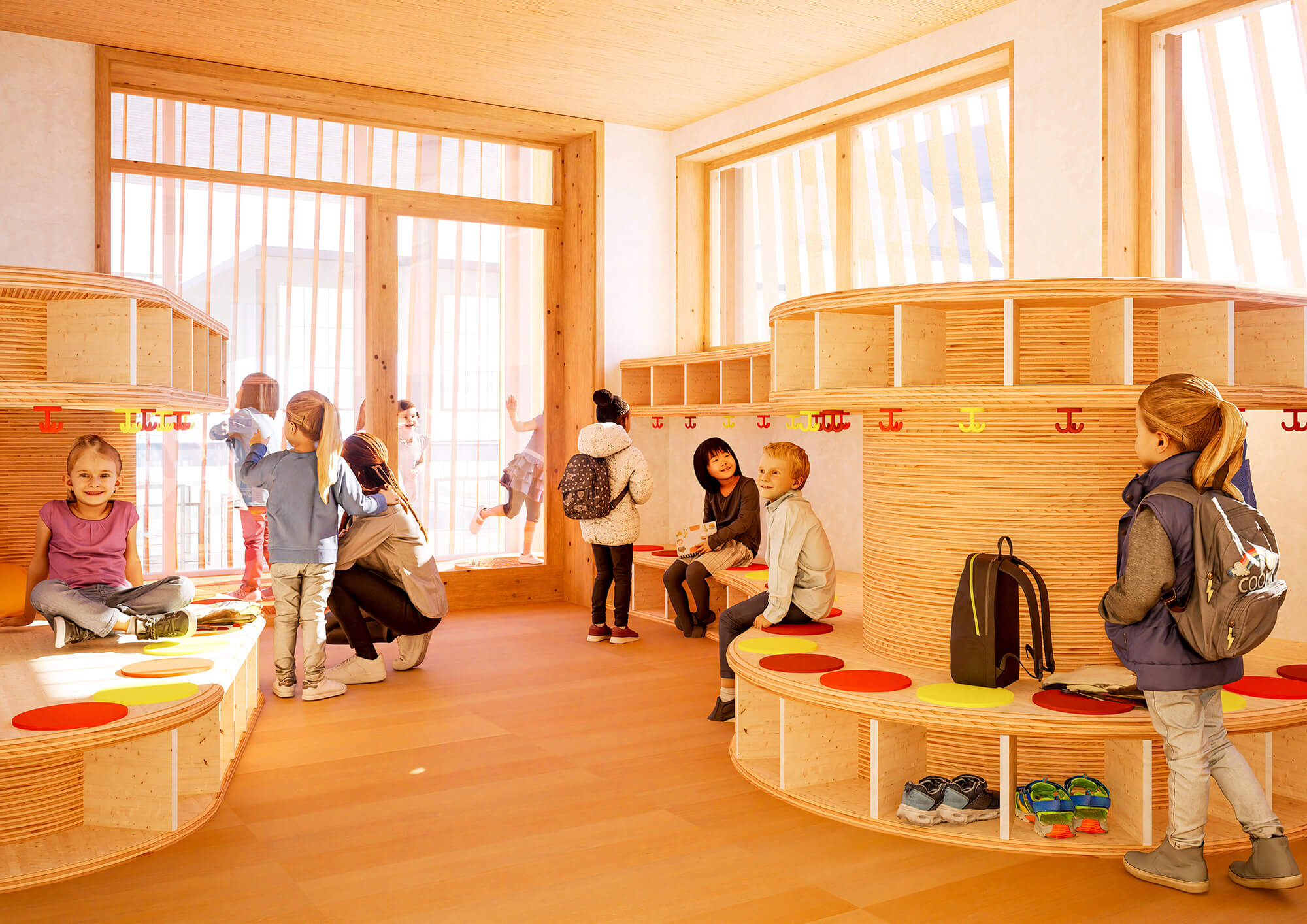 kids hanging out in timber interiors