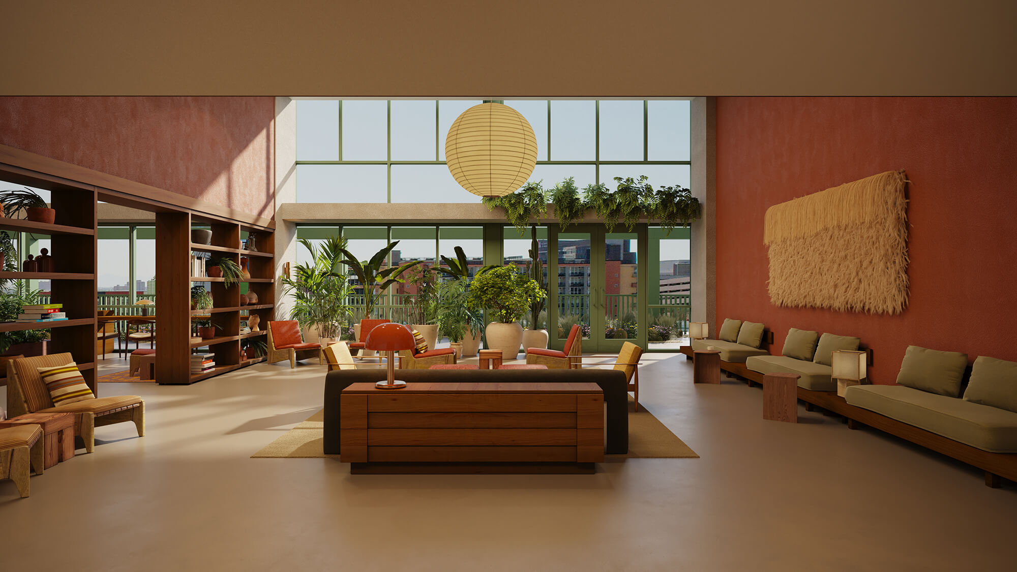 a lounge space with large windows
