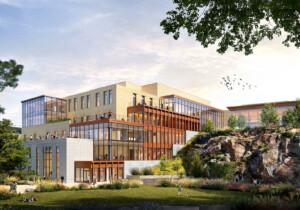 exterior rendering of biotech campus surrounded by rocky landscape