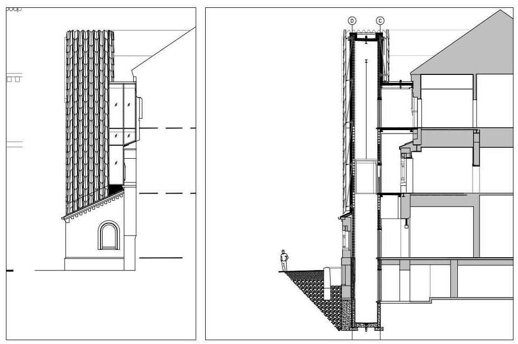 section drawing showing placement and design of elevator by Kohn Shnier