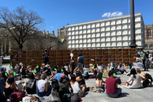 protestors gather outside Beinecke Library