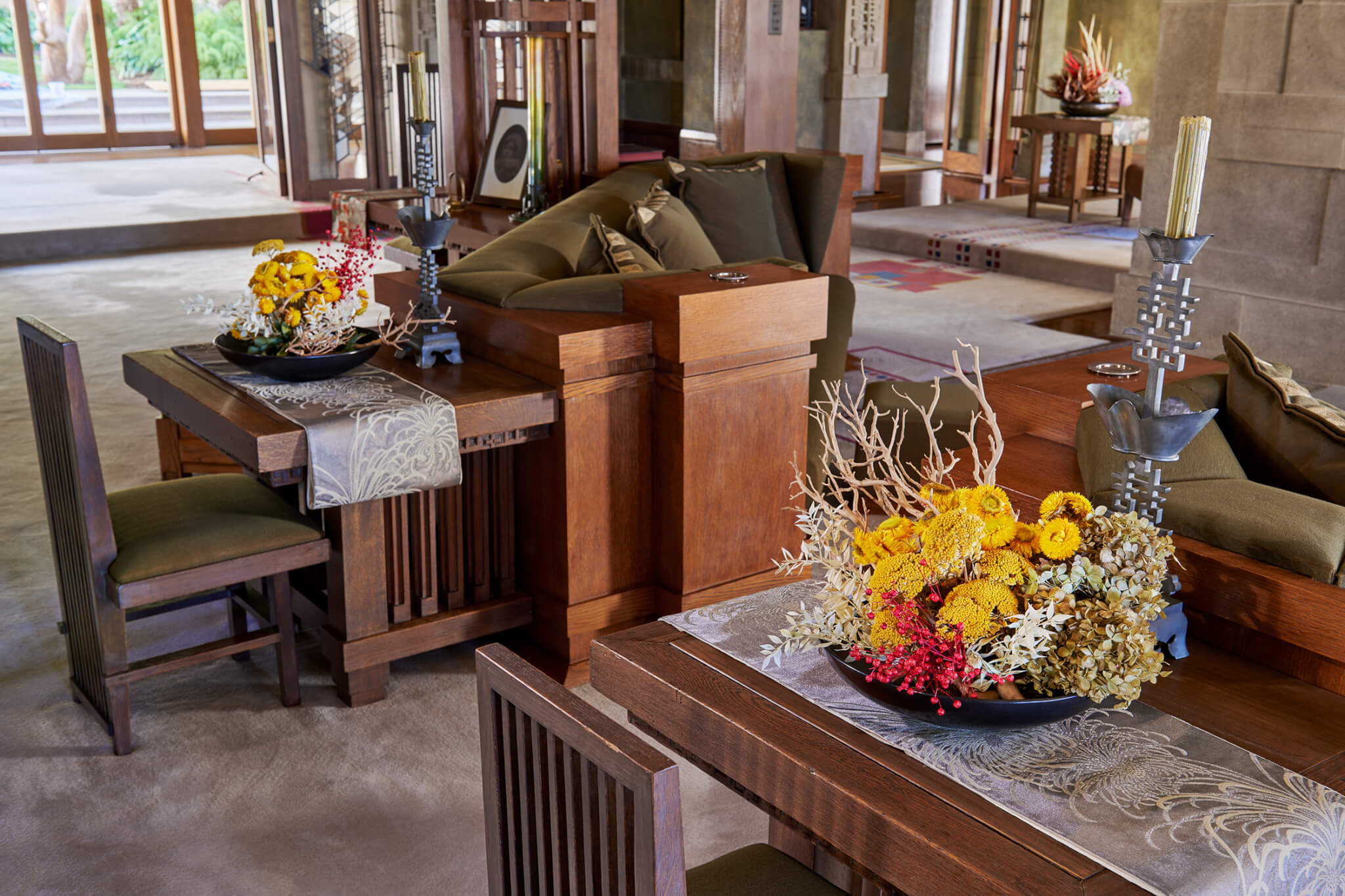 Flower arrangements inside Frank Lloyd Wright’s interiors.