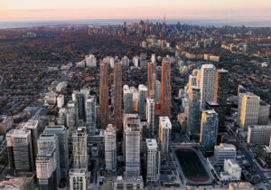 aerial view showing four new towers in Toronto designed by Rafael Viñoly Architects