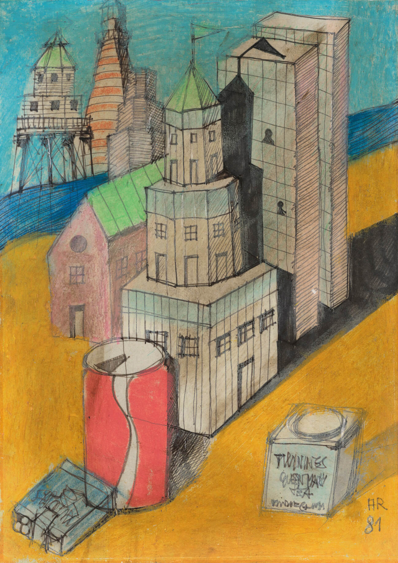 Aldo Rossi drawing of buildings and cans