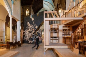 wood mock-ups and architecture inside old church